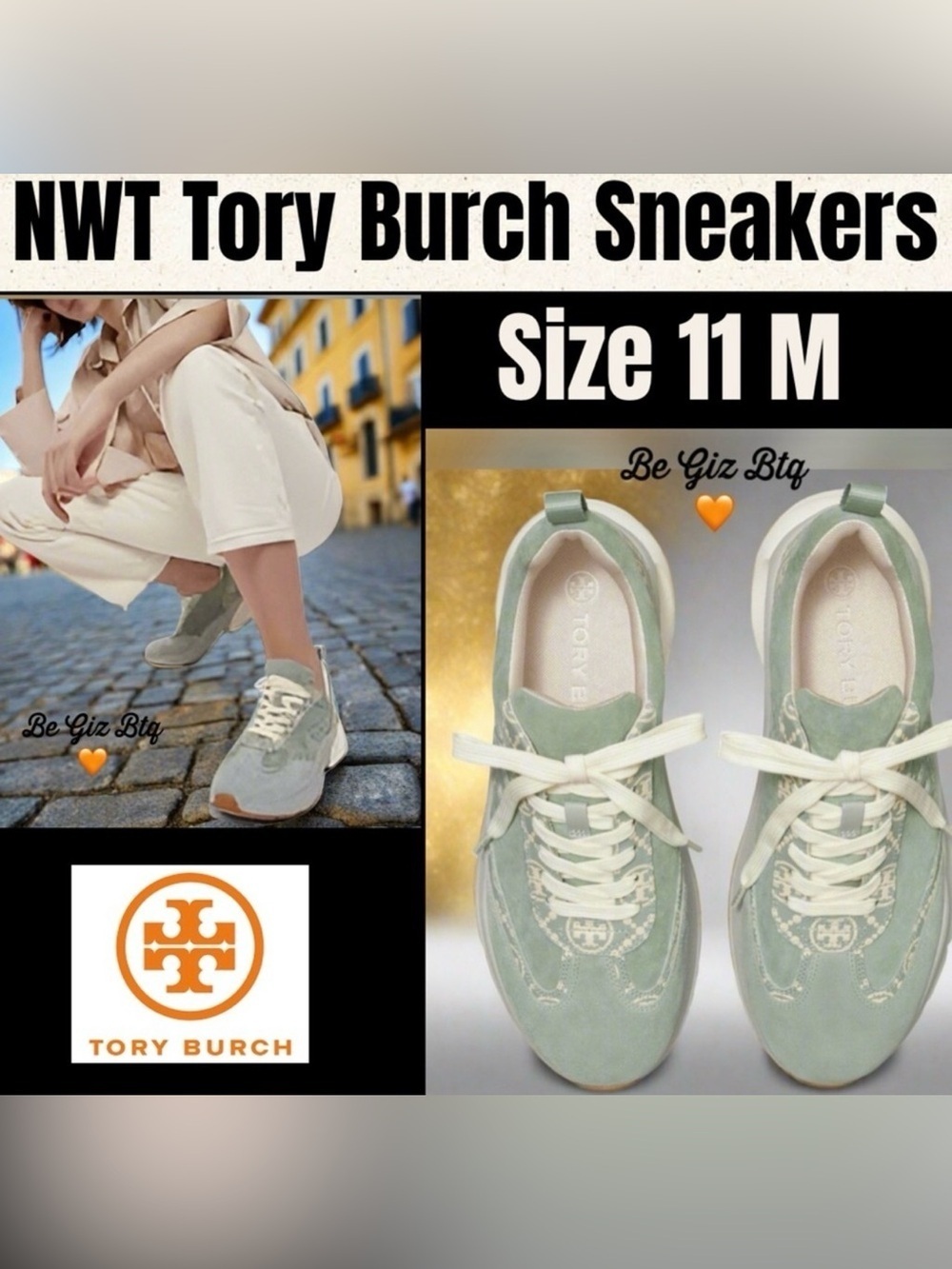 🔥🔥Authentic Tory Burch T Monogram Good Luck Sneakers Size 11M  Blue /Cream